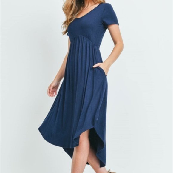 High Low Flowy Empire Pocket Short Sleeve Midi Dress Navy Blue L - Picture 3 of 4